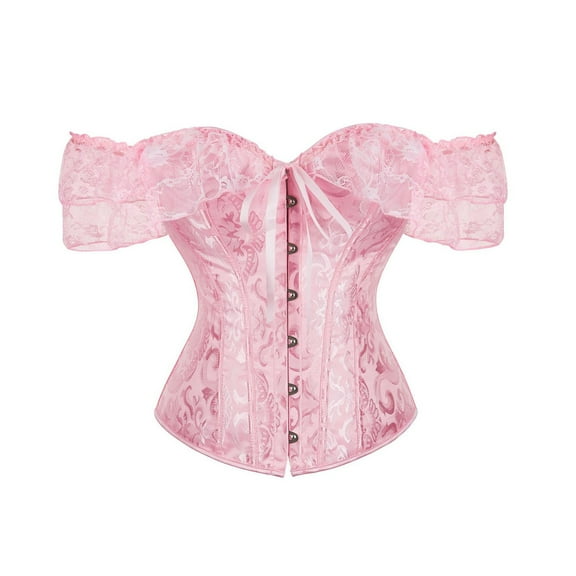 Ticikt Women Floral Lace Off Shoulder Corset Bustier Boned Overbust Corset Bodyshaper Lingerie Top Renaissance Corset Tops for Women,Color:Pink,3XL