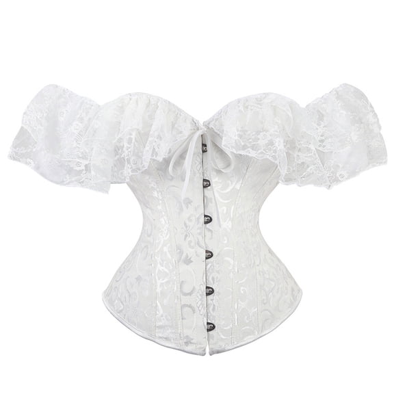 Ticikt Women Floral Lace Off Shoulder Corset Bustier Boned Overbust Corset Bodyshaper Lingerie Top Renaissance Corset Tops for Women,Color:White,3XL