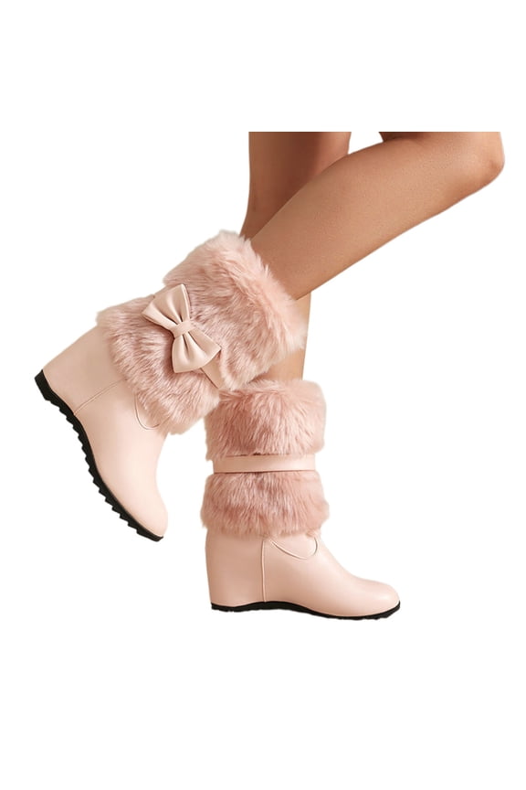 Women Fuzzy Cuff Mid Calf Snow Boots Bow Decor Hidden Wedge Heel Slip On Warm Winter Ankle Boots for Party,Color:Pink,Size:5.5