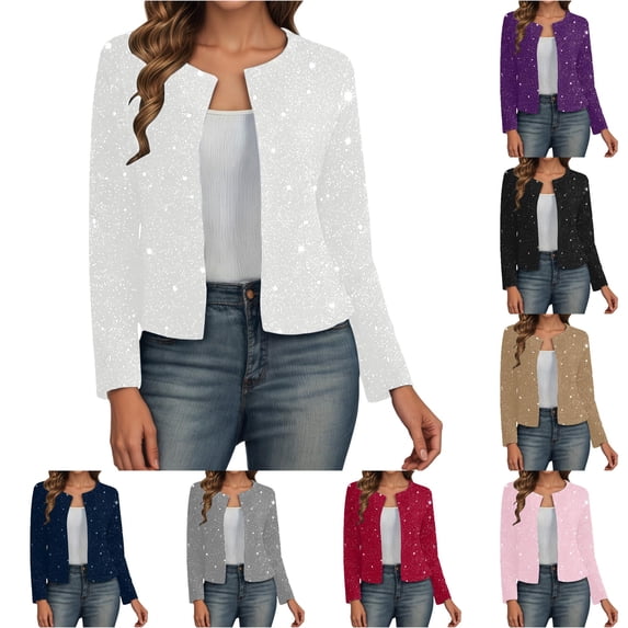 Ticikt Women Glitter Cropped Open Front Cardigan, Long Sleeve Elegant Party Sparkly Short Jacket Coat,White
