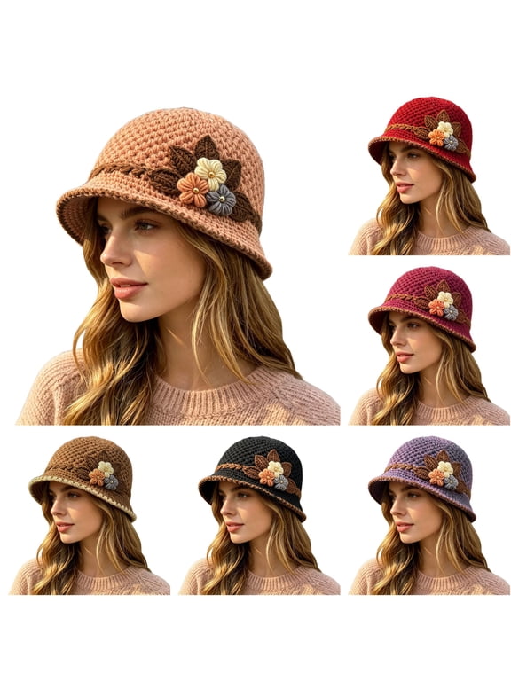 Ticikt Women Hand‑Crochet Bucket Hat, Winter Warm Knit Hat with 3D Floral Decor Fleece Lined Windproof Soft Crochet Cloche Hat for Ladies,Pink