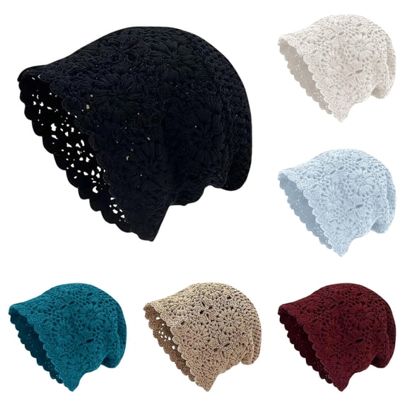 Ticikt Women Hollow Crochet Slouchy Beanie, Lightweight Breathable Retro Knit Versatile Sun‑Protective Crochet Skull Hat for Ladies,Black