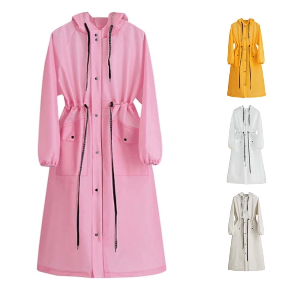 Ticikt Women Long Full Length Hooded Raincoat, Windproof Waterproof Drawstring Waist Outdoor Trench Rain Jacket,Pink