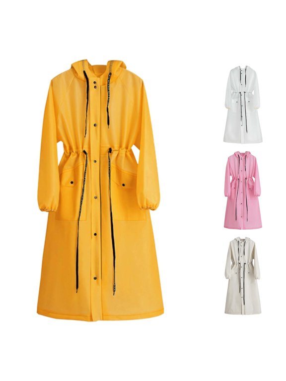 Ticikt Women Long Full Length Hooded Raincoat, Windproof Waterproof Drawstring Waist Outdoor Trench Rain Jacket,Yellow