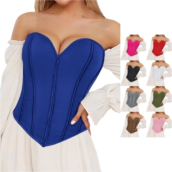 Ticikt Women Matte Strapless Corset Top, Sweetheart Bustier Lace Up Back Vintage Waist Shaping Top,Blue