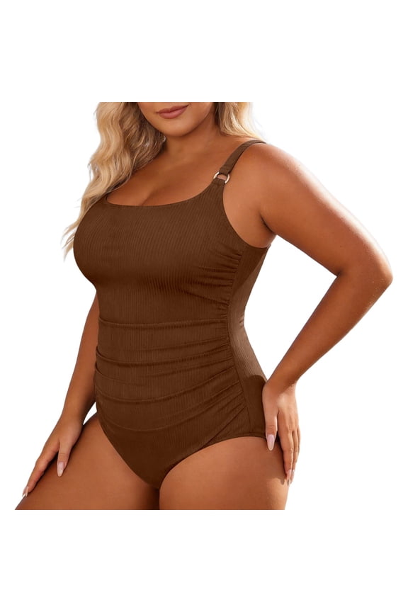 Women Plus Size One Piece Swimsuits Tummy Control Bathing Suit Front Ruched Push Up Swimwear,Color:Brown,Size:24
