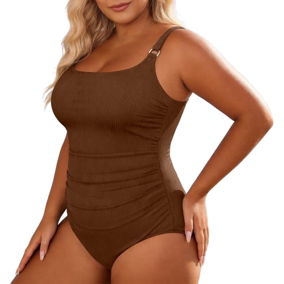 Ticikt Women Plus Size One Piece Swimsuits Tummy Control Bathing Suit Front Ruched Push Up Swimwear,Color:Brown,Size:26