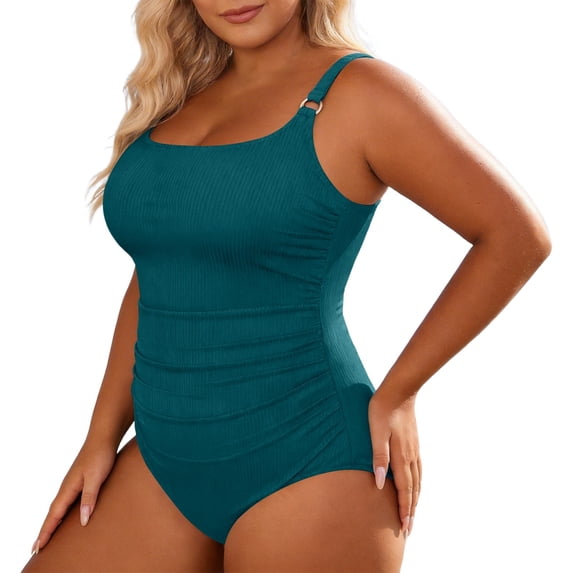 Ticikt Women Plus Size One Piece Swimsuits Tummy Control Bathing Suit Front Ruched Push Up Swimwear,Color:Dark Green,Size:18