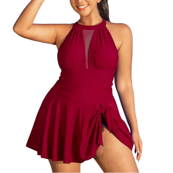 Ticikt Women Plus Size Swim Dress,Halter High Neck One Piece Swimsuit,Mesh Swimdress Skirt Bathing Suit,Color:Red,Size:XL