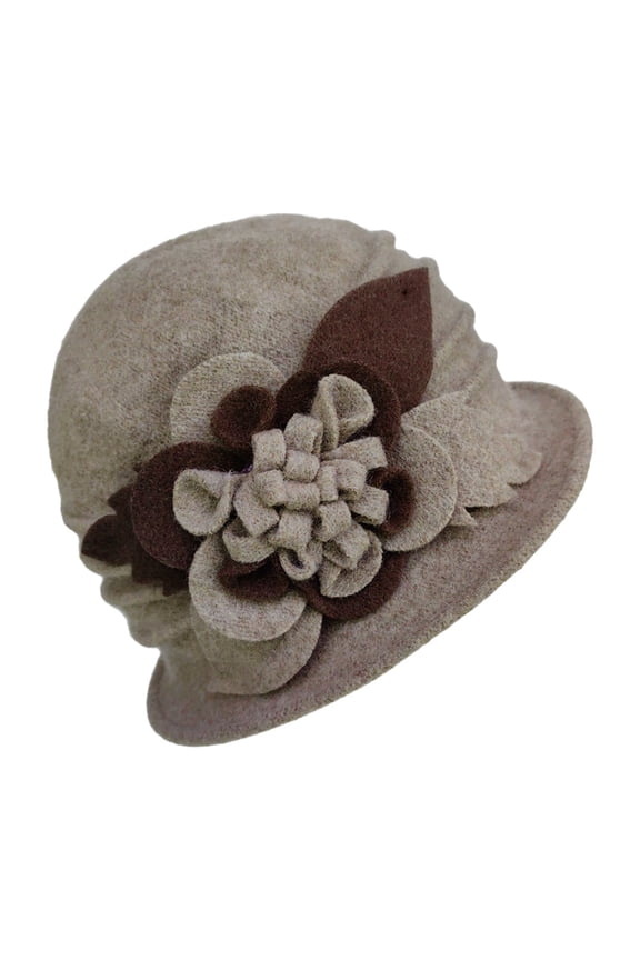 Ladies Elegant Floral Cloche Hat, Classic Double-Layer Bucket Hat 1920s,Color:Brown