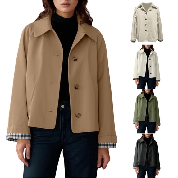 Ticikt Women Short Lapel Collar Jacket, Button Down Casual Elegant Plaid Outerwear Coat,Khaki