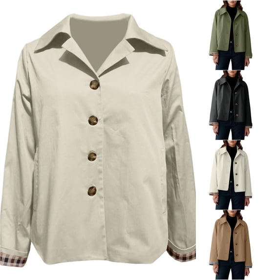 Ticikt Women Short Lapel Collar Jacket, Button Down Casual Elegant Plaid Outerwear Coat,Light Gray