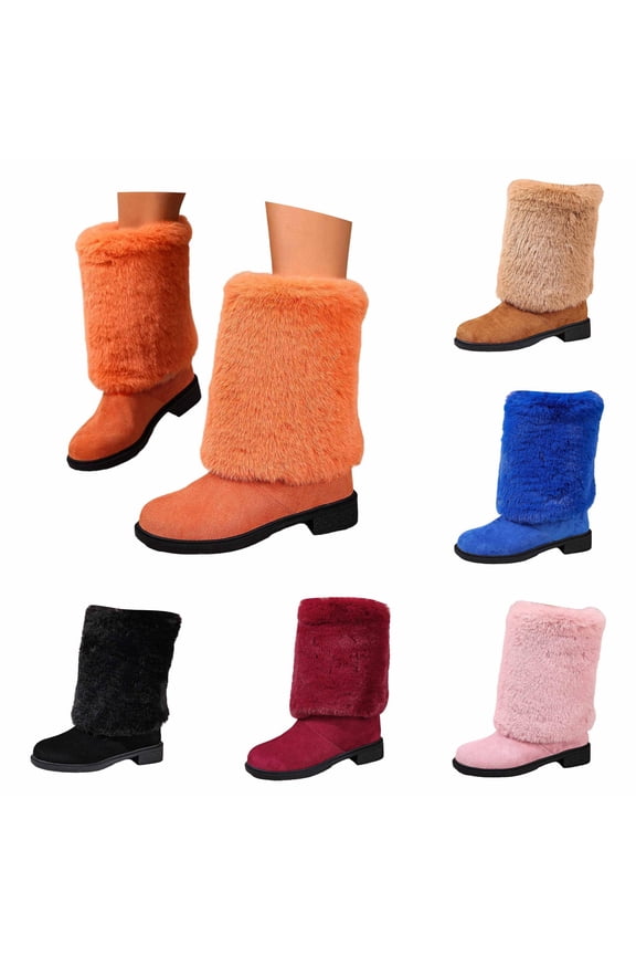 Women Solid Faux Suede Mid Calf Boots, Fuzzy Cuff Low Block Heel Warm Winter Fashion Snow Boots,Color:Orange,Size:6
