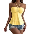 thumbnail image 1 of Ticikt Women Sweetheart Neck Tiered Ruffle Tie Up Halter Tube Sleeveless Ruched Bustier Cami Tank Summer Flowy Tops,Color:Yellow,Size:L, 1 of 5