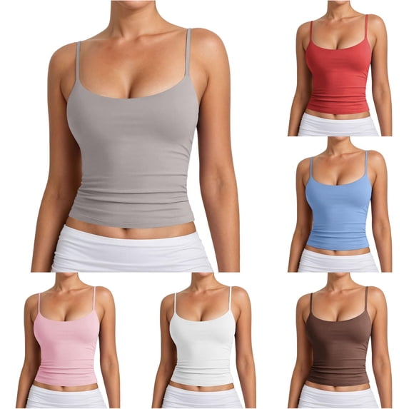 Ticikt Women U Neck Camisole Top, Adjustable Spaghetti Strap Slim Fit Basic Tank Top,Grey