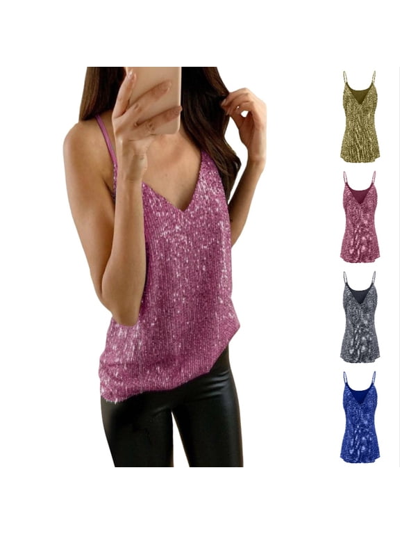 Ticikt Women V Neck Sequin Spaghetti Strap Cami Top, Sparkly Sleeveless Glitter Tank Vest Party Club Evening Blouse,Pink