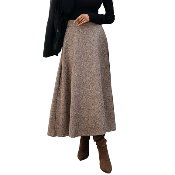 Ticikt Women Warm Elastic Waist Wool A-Line Pleated Winter Long Skirts, Long Spring Fall Skirt with Pockets and High Wasit,Color:Brown