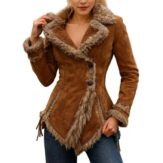 Ticikt Women Western Bohemian Style Anorak Jacket Cozy Lined Denim Coat for Winter Warmth Fashion Outerwear Casual Windbreaker, Short,Color:Brown,Size:XXL