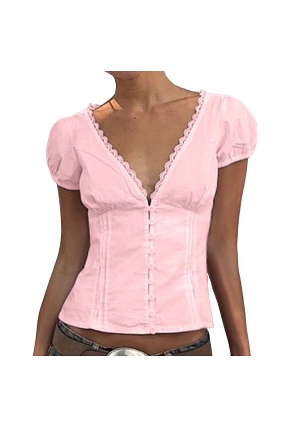 Women Y2K Button Down Shirt Short Sleeve V Neck Blouses Top Vintage Preppy Crop Shirt Tops,Color:Red,Size:M