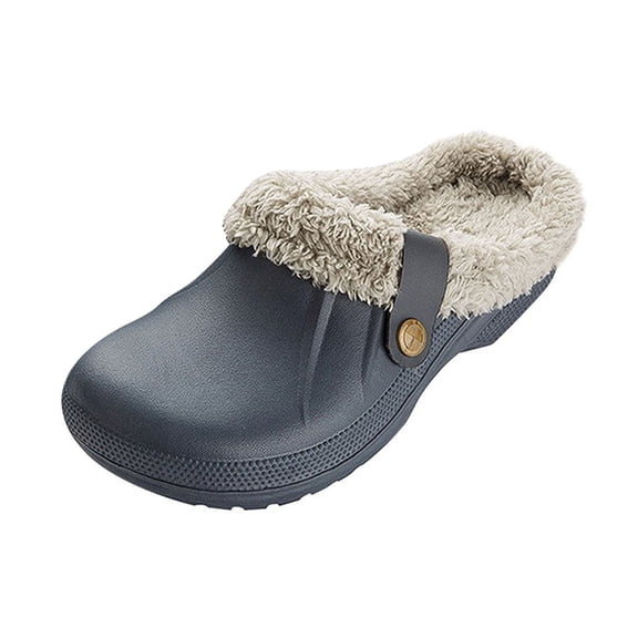 Ticikt Women and Men Fur Lined Clogs Memory Foam Warm Fuzzy Slippers Winter Waterproof Indoor Outdoor Slipper,Color:Grey,Size:9.5