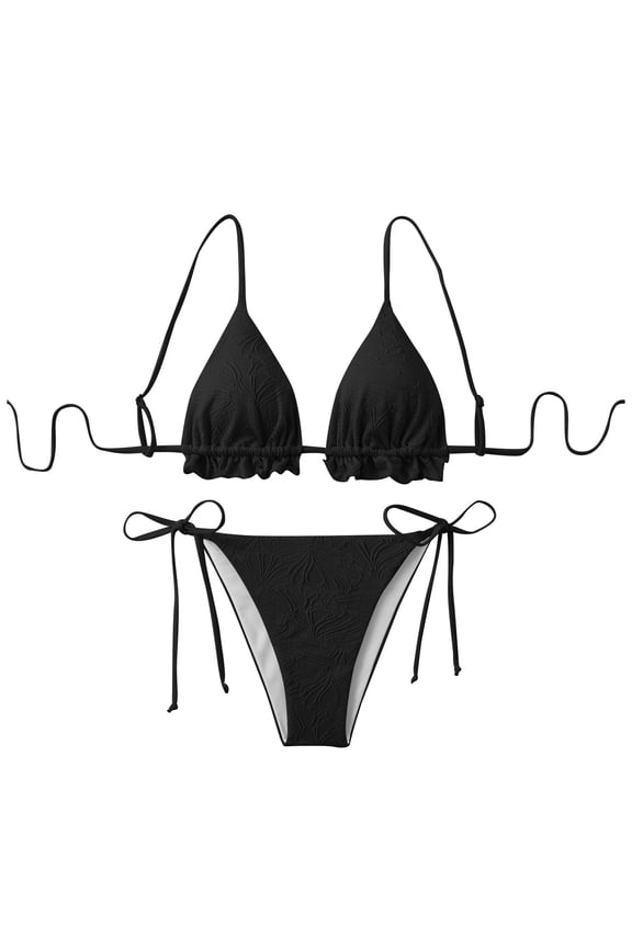 Women's 2 Piece Bikini Sets Floral Boho Halter Triangle Bathing Suit Tie Side Cheeky String Swimsuit,Color:Black,Size:M