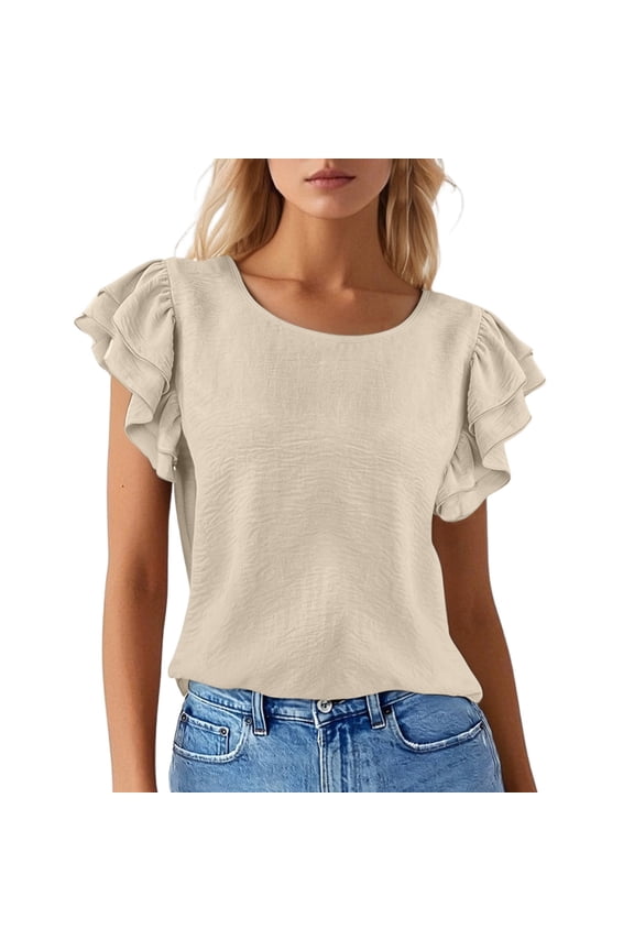 Women's 2026 Summer Top Ruffle Butterfly Sleeve Square Neck Bow Knot Textured Shirt Casual Blouses,Color:Beige,Size:L
