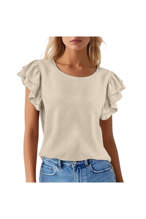 Women's 2026 Summer Top Ruffle Butterfly Sleeve Square Neck Bow Knot Textured Shirt Casual Blouses,Color:Beige,Size:XL
