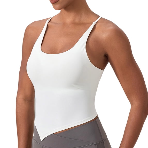 Ticikt Women's Butterluxe Y Back Longline Sports Bra with Spaghetti Straps Racerback Padded Yoga Workout Crop Tank Top,Color:White