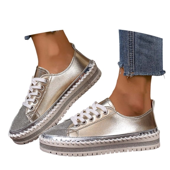 Ticikt Women's Canvas Sneakers Cute Lace up Fashion Sneaker Comfortable Skate Shoe for Lady Casual Tennis Flats,Color:Gold,Size:6