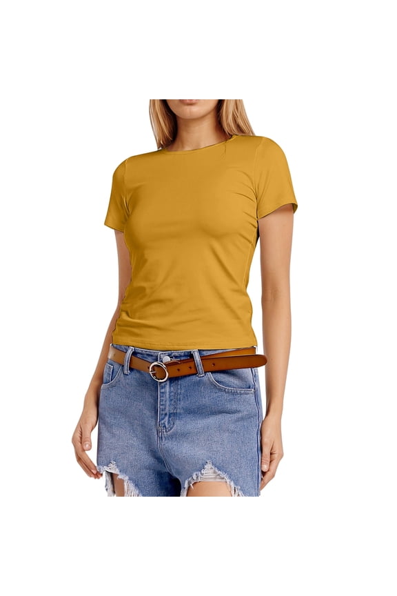 Women's Casual Basic Going Out Crop Tops Slim Fit Short Sleeve Crew Neck Tight T Shirts 2026,Color:Orange,Size:5XL