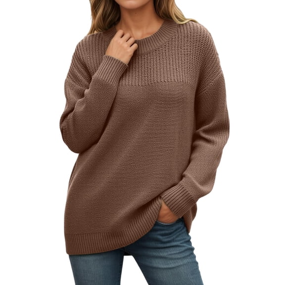 Ticikt Women's Casual Long Sleeve Sweaters Loose Crewneck Knit Solid Pullover Sweater Jumper Tops,Color:Coffee,Size:M