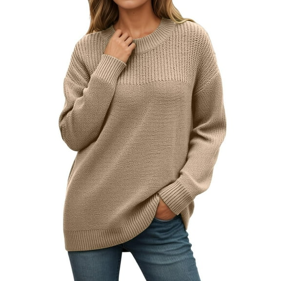 Ticikt Women's Casual Long Sleeve Sweaters Loose Crewneck Knit Solid Pullover Sweater Jumper Tops,Color:Khaki,Size:S