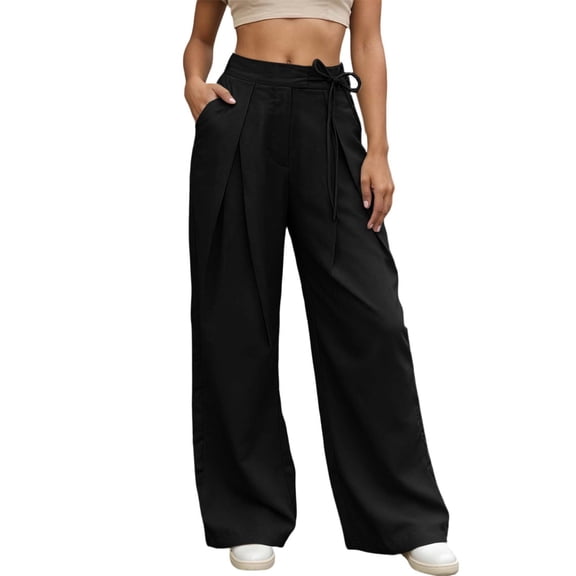 Ticikt Women's Casual Self Tie Side Waist Wide Palazzo Pants, Pleated Straight Wide Leg Work Pants with Pockets,Color:Black,M