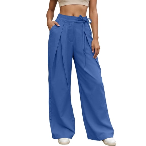 Ticikt Women's Casual Self Tie Side Waist Wide Palazzo Pants, Pleated Straight Wide Leg Work Pants with Pockets,Color:Blue,M