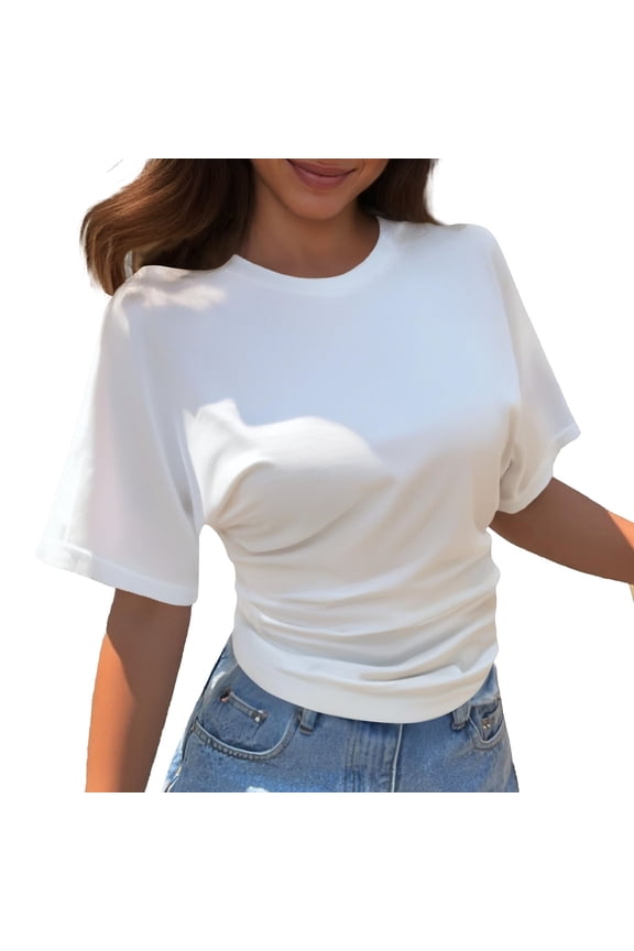 Women's Cinched Waisted Tops Short Sleeve Solid Tee Ruched T Shirt Soft and Breathable,Color:White,Size:L