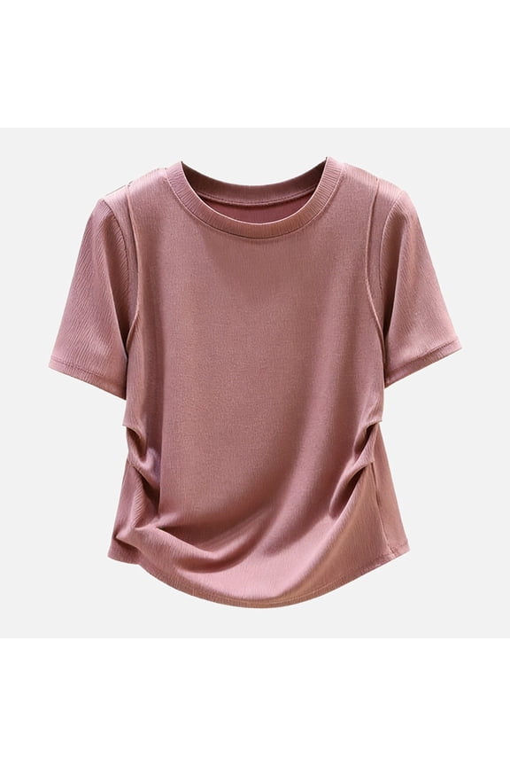 Ticikt Women's Crew Neck Ruched T-Shirt, Short Sleeve Slim Fit Side Gathered Casual Top,Pink,M