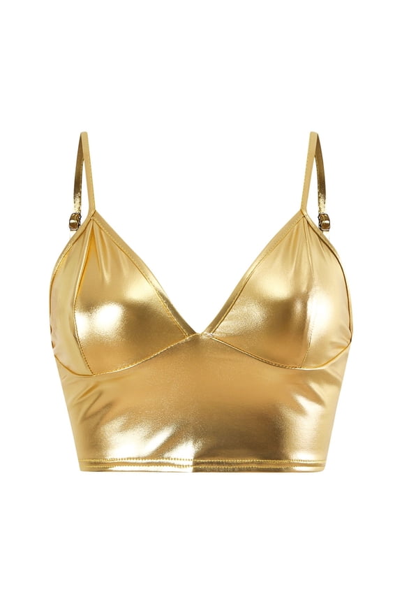 Women's Fashion PU Leather Corset Bandeau Top Strapless Camisole Vest for Layering,Color:Gold
