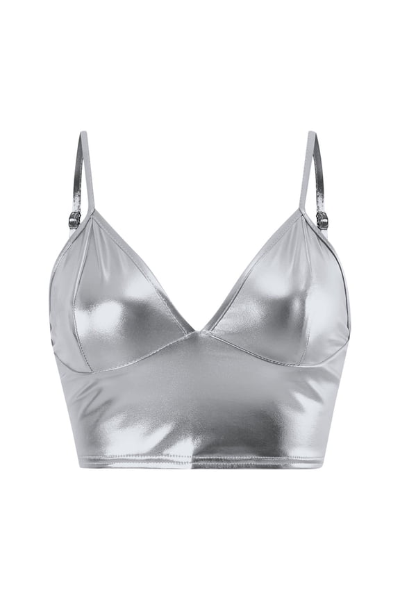 Women's Fashion PU Leather Corset Bandeau Top Strapless Camisole Vest for Layering,Color:Silver