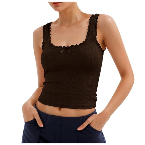 Ticikt Women's Fitted Ribbed Knit Crop Tank Top Sleeveless Casual Neck Top for Layering,Color:Coffee