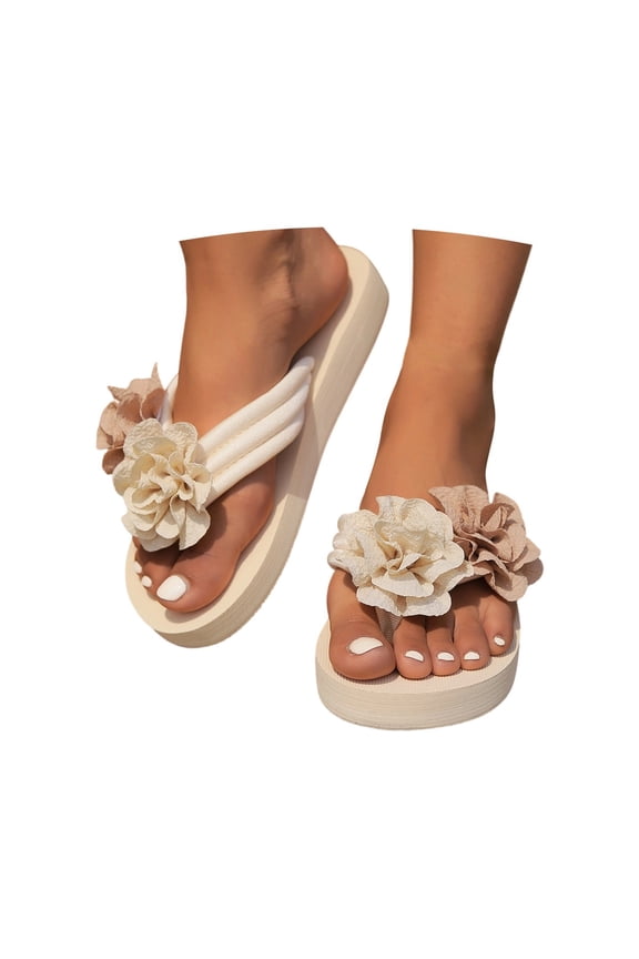 Women's Flower Appliques Flip Flops Boho Open Toe On Flat Sandals Beach Vacation Slippers