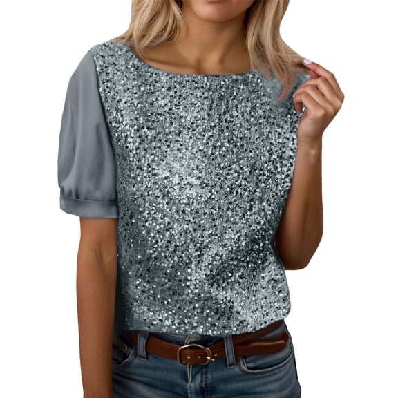 Ticikt Women's Glitter Glam Sequin Top Loose Sleeves Sparkly Shimmer Party Bridesmaid Sequined Tunic Top,Color:Silver,M