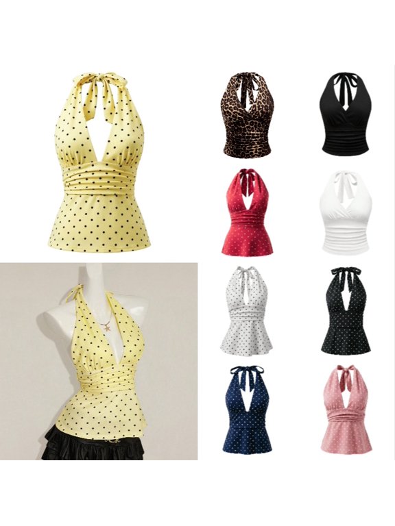Ticikt Women's Going Out Tops Polka Dots Elegant Halter Tops Y2k Tie Backless Sleeveless Fitted Party Club Outfits,Yellow