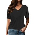 thumbnail image 1 of Ticikt Women's Half Sleeve Shirts V Neck Tops Elbow Length Loose Fit Straight Hem T Shirts Casual Summer Tees,Color:Black,Size:M, 1 of 5