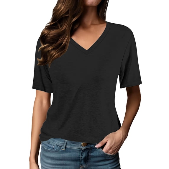 Ticikt Women's Half Sleeve Shirts V Neck Tops Elbow Length Loose Fit Straight Hem T Shirts Casual Summer Tees,Color:Black,Size:M