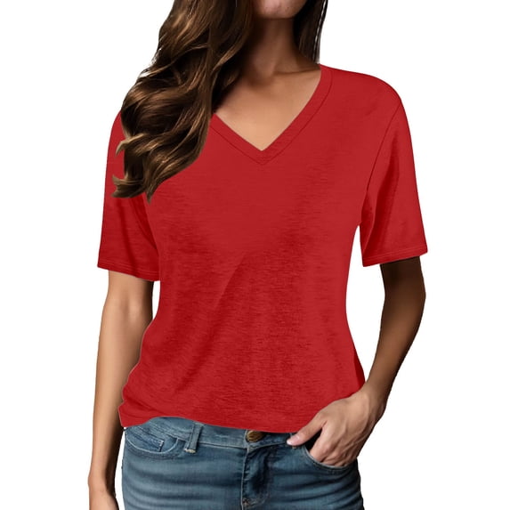 Ticikt Women's Half Sleeve Shirts V Neck Tops Elbow Length Loose Fit Straight Hem T Shirts Casual Summer Tees,Color:Red,Size:M