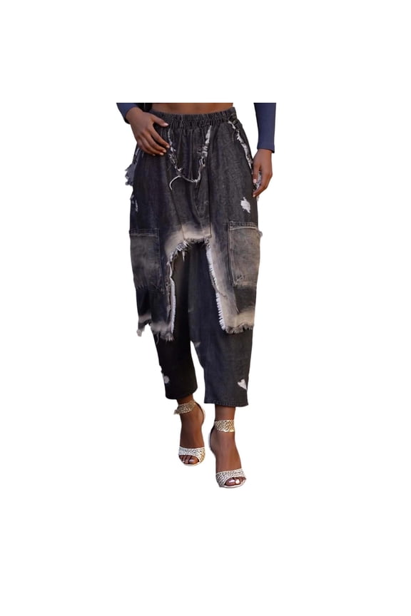 Women's Harem Denim Pants Elastic Waist Loose Cropped Cargo Barrel Jeans Casual Patchwork Ripped Trousers Pockets,Color:Black,Size:XXL