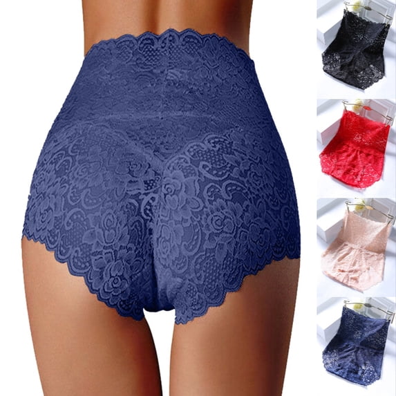 Ticikt Women's High Waist Lace Panties, Plus Size Tummy Control Briefs with Cotton Lining,Navy