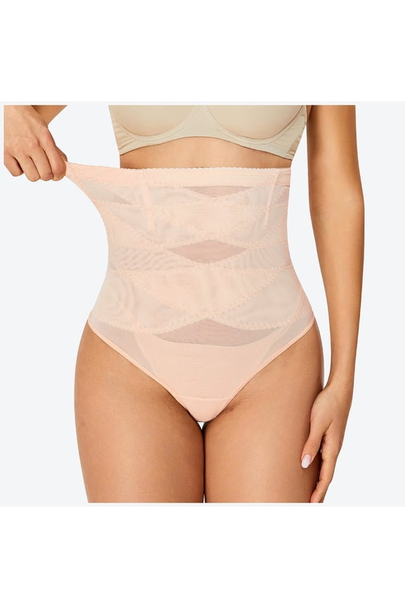 Women's High Waist Shapewear Thong, Sheer Mesh Tummy Control Briefs, & Breathable,Beige,XL