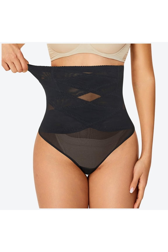 Women's High Waist Shapewear Thong, Sheer Mesh Tummy Control Briefs, & Breathable,Black,XXL