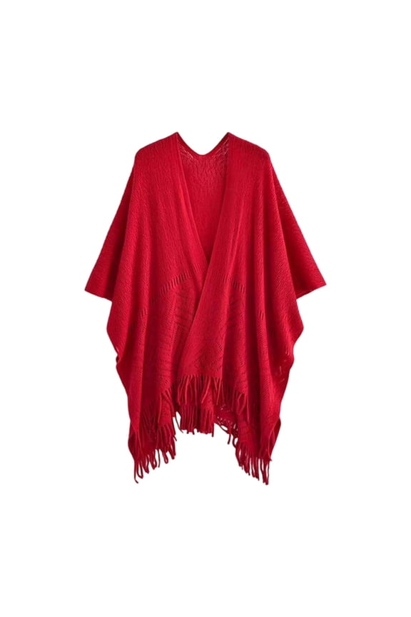 Women's Knit Shawl Wraps, Knitted Poncho Cape Open Front Cardigan Sweater with Tassel for All Season,Color:Red